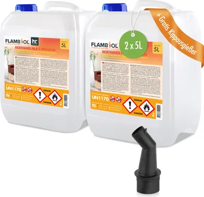 Two large plastic containers of bioethanol are shown side-by-side, with a black pouring spout in the foreground.