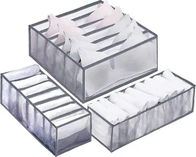 Productafbeelding van Famanu organizer voor ondergoed - set van 3 dozen, met 6, 7 en 11 vakken, grijs, semi-transparant