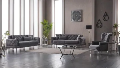 Produktbild von Sofagarnitur Dreisitzer Sofa 3 Sitz Stoff Polstersofa Grau Sessel 3tlg
