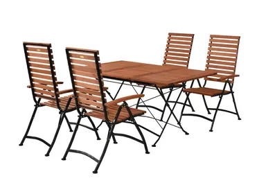 A wooden table and four chairs set on a white background.