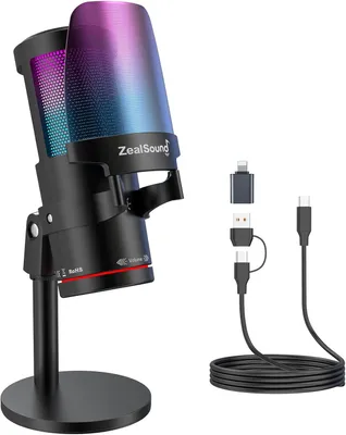 Produktbild von ZealSound Gaming Mikrofon PC RGB, USB-C & Lightning Adapter, Touch-Mute, Geräuschunterdrückung,192kHz USB Podcast Mikrofon für iPhone ASMR Discord PS5