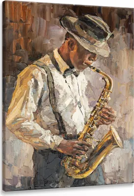 Produktbild von Leinwandbild Wandbild SAXOPHONIST Malerei Retro Stil Wanddeko für Wohnzimmer 60 cm x 90 cm