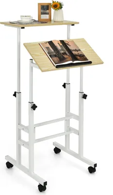 A mobile height-adjustable desk with two tiers, shown on a white background.