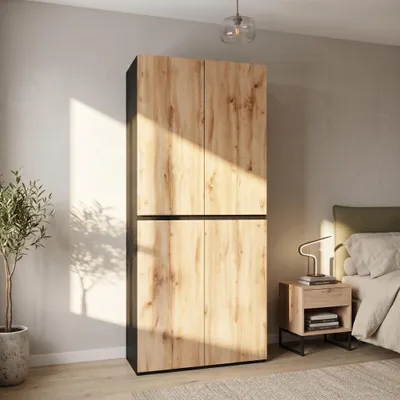 Obrázok produktu pre Skriňa Flex s vešiakom, komoda s dvierkami a zásuvkami, vysoká komoda s úložným priestorom, rozmer 90x50x200 cm, prírodná farba, drevo, Obrázok generovaný UI