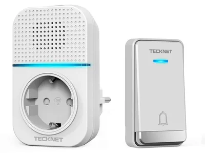 Image de TECKNET, sonnette sans fil, sans batterie, sonnette sans fil avec prise secteur, étanche, sonnette sans fil avec prise européenne, indicateur LED, 5 niveaux de volume, 32 mélodies, portée de 400 mètres