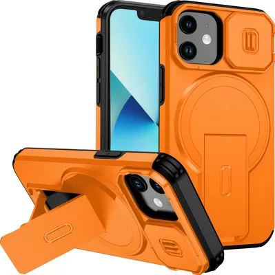 Immagine prodotto di Custodia magnetica per iPhone 13 Mini/iPhone 12 Mini, custodia resistente a due strati con protezione scorrevole della fotocamera e supporto regolabile Arancione
