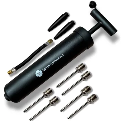 Produktbild von Ballpumpe Ballnadelpumpe Luftpumpe - 20 cm - Mit 4 Metallnadeln und 2 Kunststoffnadeln - Schwarz - Kompakt und flexibler Schlauch