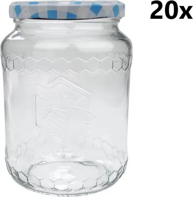 Obrázek produktu pro Zavařovací sklenice 770 ml ČESKÝ MED čirá 20 ks VČETNĚ KÁRO SVĚTLE MODRÝCH VÍČEK, Počet kusů v balení: 20