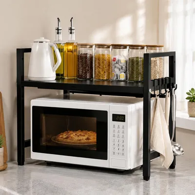 Produktbild von Metall Mikrowellenregal Erweiterbares, 2-Stufig Küchen Mikrowellenständer Regal, mit 5 Haken, küchenregal arbeitsplatte für Backofen/Kaffeemaschine
