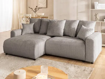 Produktbild von Calma - Komfortables Ecksofa im Bumpy-Design mit Schlaffunktion und Bettkasten aus weichem Taupe Chenille-Stoff