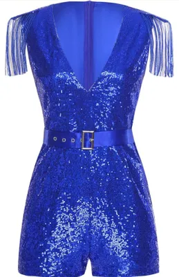Produktbild von Damen Pailletten Jumpsuit Größe M – Kurz Overall mit tiefem V-Ausschnitt, Slim Fit, Glitzer-Gürtel, Clubwear Party Tanzen Feiern