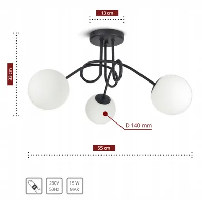 Obrázek produktu pro LUXOLAR - Led stropní svítidlo - Stropní svítidlo 3 světla 15W černé, G9 - Závěsné svítidlo do obývacího pokoje, bílé skleněné koule