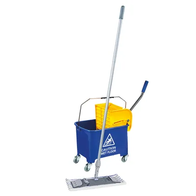 A cleaning set including a mop, bucket, and accessories, presented on a white background.