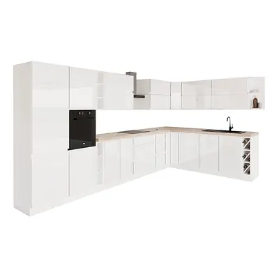 Produktbild von Winkelküche 420 x 245 cm Eckküche Einbauküche ohne Arbeitsplatte Küchenblock Ohne E-Geräten , KA7-M420 , Weiß/Hochglanz