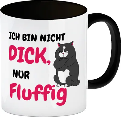 Produktbild von Katzen Kaffeebecher in Schwarz mit Spruch Ich bin nicht dick, nur fluffig