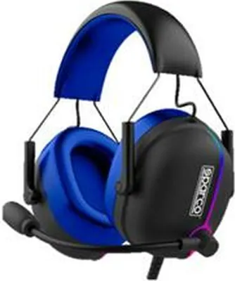 A pair of black and blue headphones with a microphone.