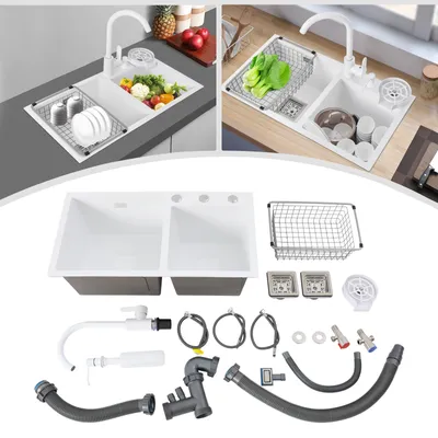 A collage of images showing a white double kitchen sink, its components, and a lifestyle shot of a similar sink with food and dishes.