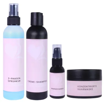 Produktbild von hair2heart Pflegeset für Echthaar Extensions Haarverlängerungen - 2-Phasen Sprühkur, Creme-Shampoo, Haaröl und Haarmaske für strahlendes, gesundes Haar