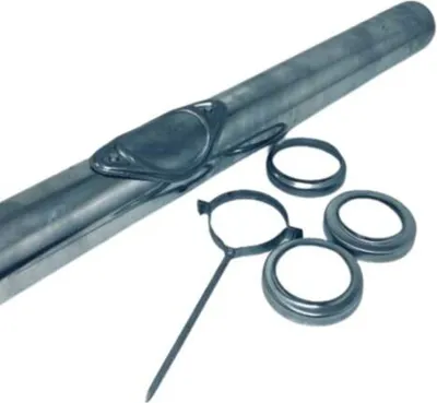 A metal pipe with attached components and several rings are laid out on a white background.