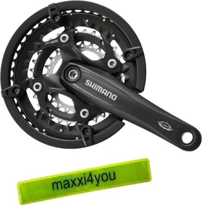 Zdjęcie produktu dla Mechanizm korbowy Shimano Trekking FC-T521 Octalink 170 mm długość ramienia korby 3 x 10 zębów Hollowtech 44-32-24 z pierścieniem osłony łańcucha w kolorze czarnym z taśmą odblaskową maxxi4you