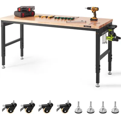 Image de Bureau pour ordinateur portable VEVOR, 72 "x25", hauteur réglable de 28 "à 39,5", table utilitaire pour la maison/le bureau, capacité de charge de 3000 livres, prises de courant, plateau en bois, étagère