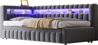 Produktbild von okwish Polsterbett 90×200 mit LED-Beleuchtung,Schlafsofa mit Ausziehbarem,Doppelbett mit Klassisches Streifenmuster,Bettgestell Holzbett mit USB-Ladeanschluss,grau,ohne Matratze