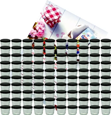 Produktbild von 100er Set Sturzglas 230 ml To 82 schwarzer Deckel incl. Diamant-Zucker Gelierzauber Rezeptheft
