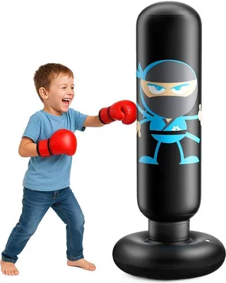 Obrázek produktu pro Uniqoos® nafukovací boxovací pytel pro děti (3–12 let) – odolné, trvanlivé PVC, systém se 3 komorami a rychlým odrazem, design inspirovaný ninjou, vhodný pro použití v interiéru i exteriéru