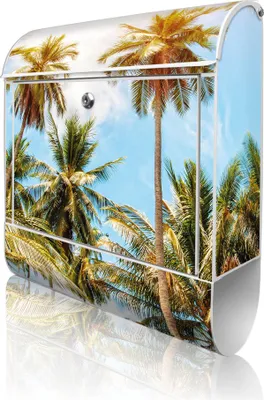 Produktbild von banjado Design Briefkasten Stahl weiß mit Zeitungsfach pulverbeschichtet "Zwischen Palmen" 38x46x12,5cm & 2 Schlüssel - Postkasten A4 Einwurf inkl. Montagematerial [BKW 12869]