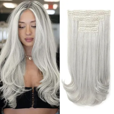 Obrázok produktu pre Clip-in predlžovanie vlasov, 4 kusy, dĺžka 40 cm, strieborno-sivá farba, vrstvený strih