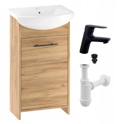 Image de Stamar | Meuble sous-vasque, avec lavabo, chêne doré, 47 cm, robinetterie clic-clac, noir, syphon