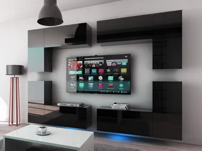 Produktbild von Furnitech Wohnwand Wohnzimmer - Hängend Wohnwand Modern - Regale und TV Schrank - Wohnzimmer Möbel ohne LED (Future C20_HG_B_1 1A)