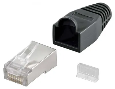 Produktbild von Goobay RJ45 Stecker, CAT 5e STP geschirmt mit Knickschutztülle, für Rundkabel mit Einfädelhilfe