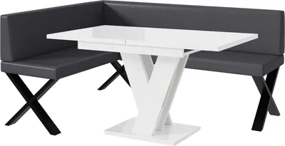 Produktbild von MEBLINI Eckbank für Esszimmer mit ausziehbarem Tisch  - Küchenbank - Essecke - Sitzecke Küche - ERIC - X-Beine 128x168x87cm Links - Grau Kunstleder/M Weiß Hochgl.