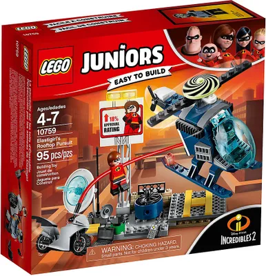 The image shows the retail packaging for a LEGO Juniors Elastigirl's Rooftop Pursuit building toy set.