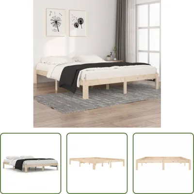 A wooden bed frame with a mattress and bedding in a room.
