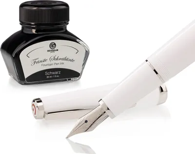 Zdjęcie produktu dla Zestaw piór wiecznych Cleo Skribent Classic Palladio Bianco – pióro wieczne z wkładem oraz 30 ml czarnego atramentu