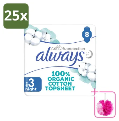 Imagen del producto de 25 toallas sanitarias nocturnas Always Baumwolle Protection con alas, 100% algodón orgánico, paquete económico, 25 unidades
