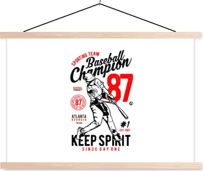 Produktbild von MuchoWow® Textilposter Mancave - Baseball - Schwarz - Weiß - Vintage 120x80 cm mit holzfarbenen Rahmen - Aufhängeset