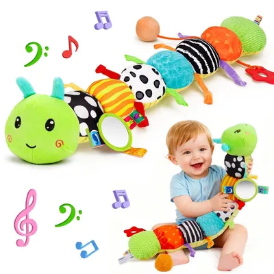 Produktbild von Baby Spielzeug Raupe Kuscheltier mit Greifling Rassel Spiegel Sensorik Stofftier Musik