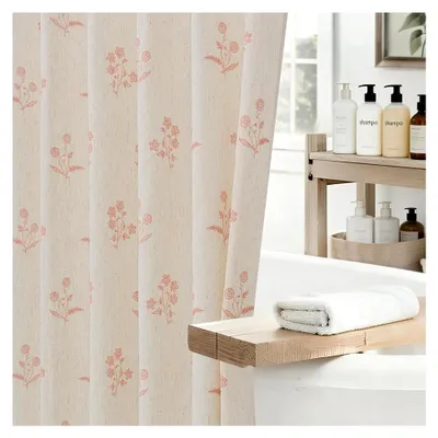 Produktbild von Leinen-Duschvorhang im Vintage-Stil mit Blumenmuster in Rosa für das Badezimmer, 72 B x 72 L