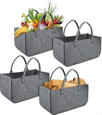 Produktbild von JOIEYOU Koš na palivové dřevo Plstěný koš na palivové dřevo s uchy pro přenášení Skládací plstěné tašky Shopper taška na palivové dřevo a noviny, nákupní taška 50 x 25 x 25 cm - 4 kusy Světle šedá barva