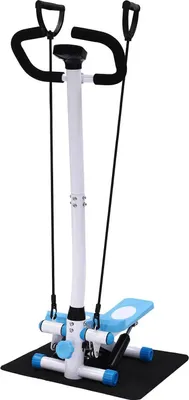 Obrázok produktu pre Fitness stepper - Stepper s rukoväťou - Odporové pásy 90 cm - Nosnosť 150 kg - 29 × 39 × 110 cm - Oceľový rám - Modrá/biela