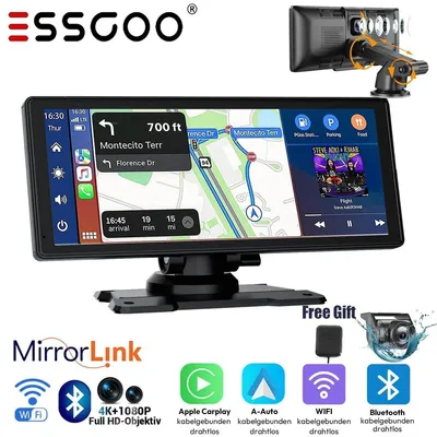 Zdjęcie produktu dla Kamera samochodowa (dashcam) 4K z przednią kamerą i 1080P z tylną kamerą, podwójny rejestrator jazdy (DVR) z 10-calowym ekranem dotykowym, czujnikiem G, funkcją nocnej rejestracji, trybem parkingowym, nagrywaniem w pętli oraz Bluetooth, przeznaczona do samochodów i ciężarówek
