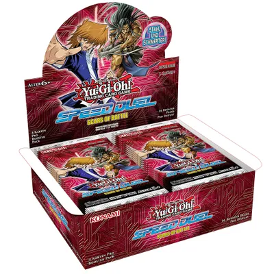 A display box of Yu-Gi-Oh! Speed Duel Scars of Battle booster packs.