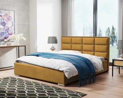 Produktbild von Polsterbett mit Metallrahmen und Gaszylinder Uno, Doppellbett mit bettkasten, Polsterpaneelen (Stoff: kronos 01 - senfgelb, Große: 180x200 cm)