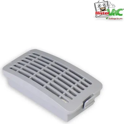 A gray vacuum cleaner filter on a white background with a logo in the top right corner.