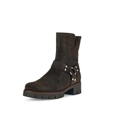 A single brown suede boot with a buckle detail is shown against a white background.