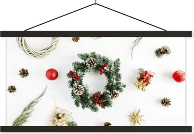 Produktbild von MuchoWow® Textilposter Winter - Weihnachtskranz 60x30 cm mit schwarzem Rahmen - Textilien