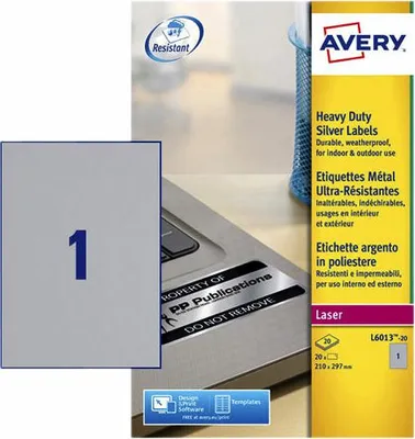 Image de Avery - Étiquette L6013-20 210 x 297 mm argent 20 étiquettes | 5 pièces